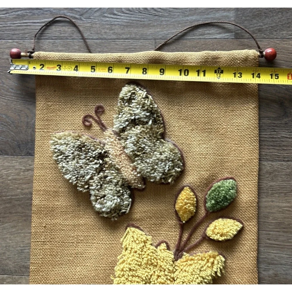VTG 1970S Latch Hook Wall Hanging Butterfly Floral Boho Burlap Mcm Textile Art
